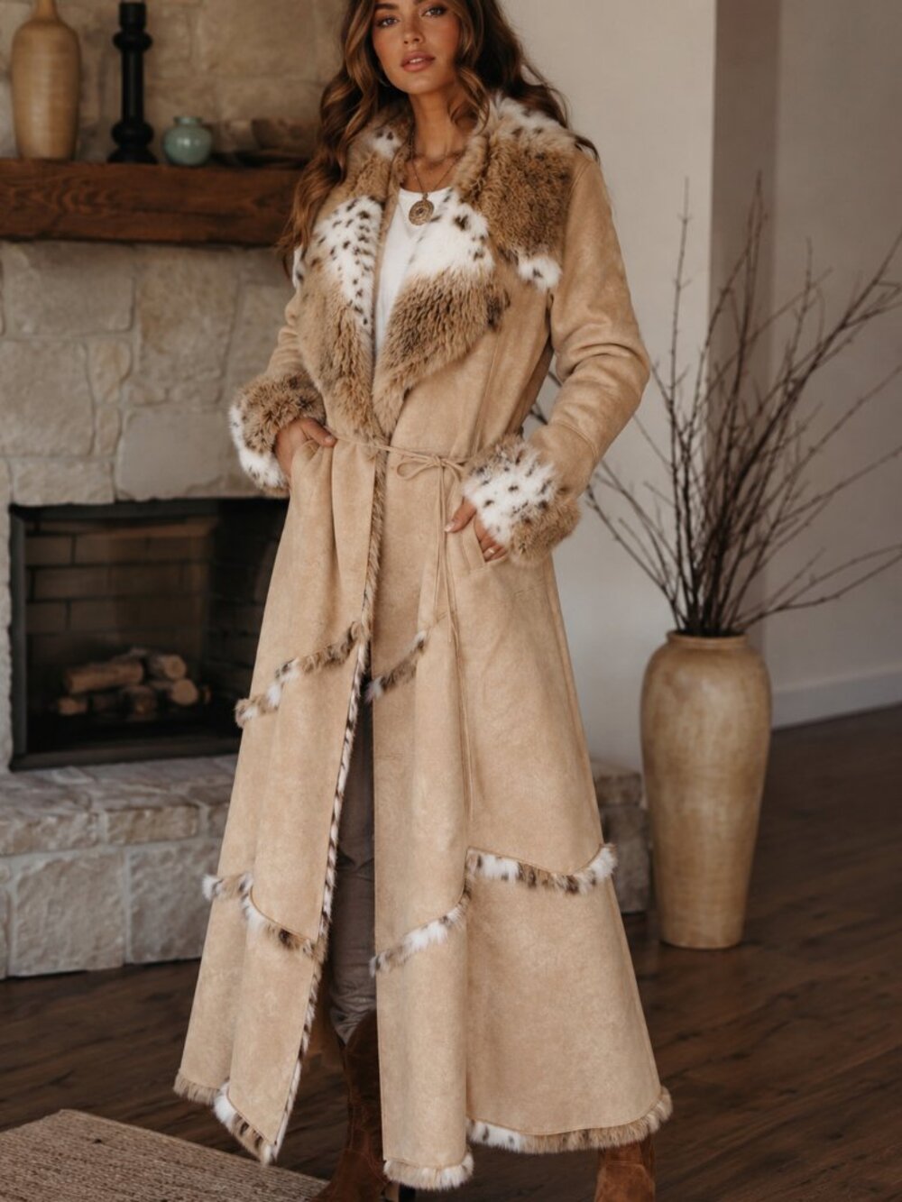 Vintage Faux Fur Trim Full Length Coat Western Boho Mob Wife Tan Beige Medium - Picture 2 of 15